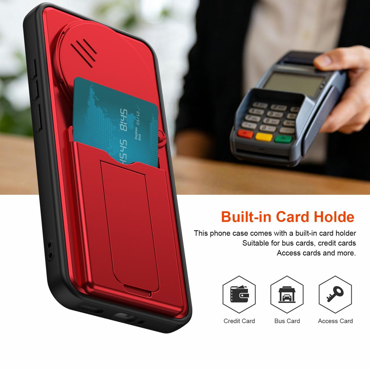 For Redmi Note 15 Pro+ 5G Global 163.3mm Card Holder Series Sliding Lens Cover PC Hybrid TPU Phone Case - Red - EDA009708406A