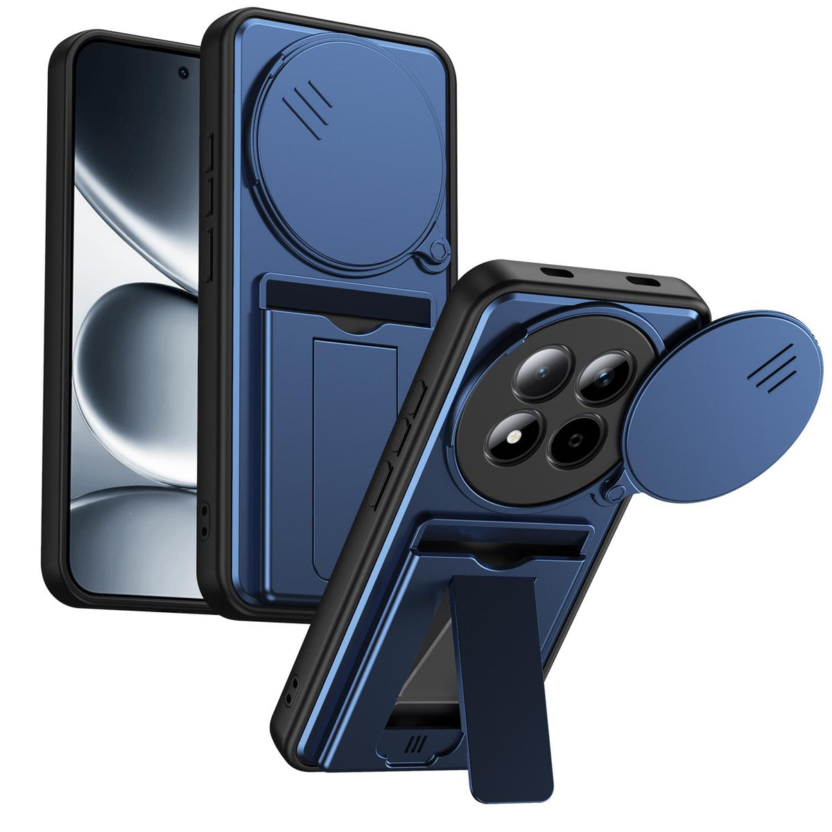 For Redmi Note 15 Pro+ 5G Global 163.3mm Card Holder Series Sliding Lens Cover PC Hybrid TPU Phone Case - Blue - EDA009708406B