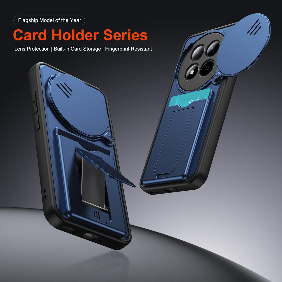 For Redmi Note 15 Pro+ 5G Global 163.3mm Card Holder Series Sliding Lens Cover PC Hybrid TPU Phone Case - Blue - EDA009708406B