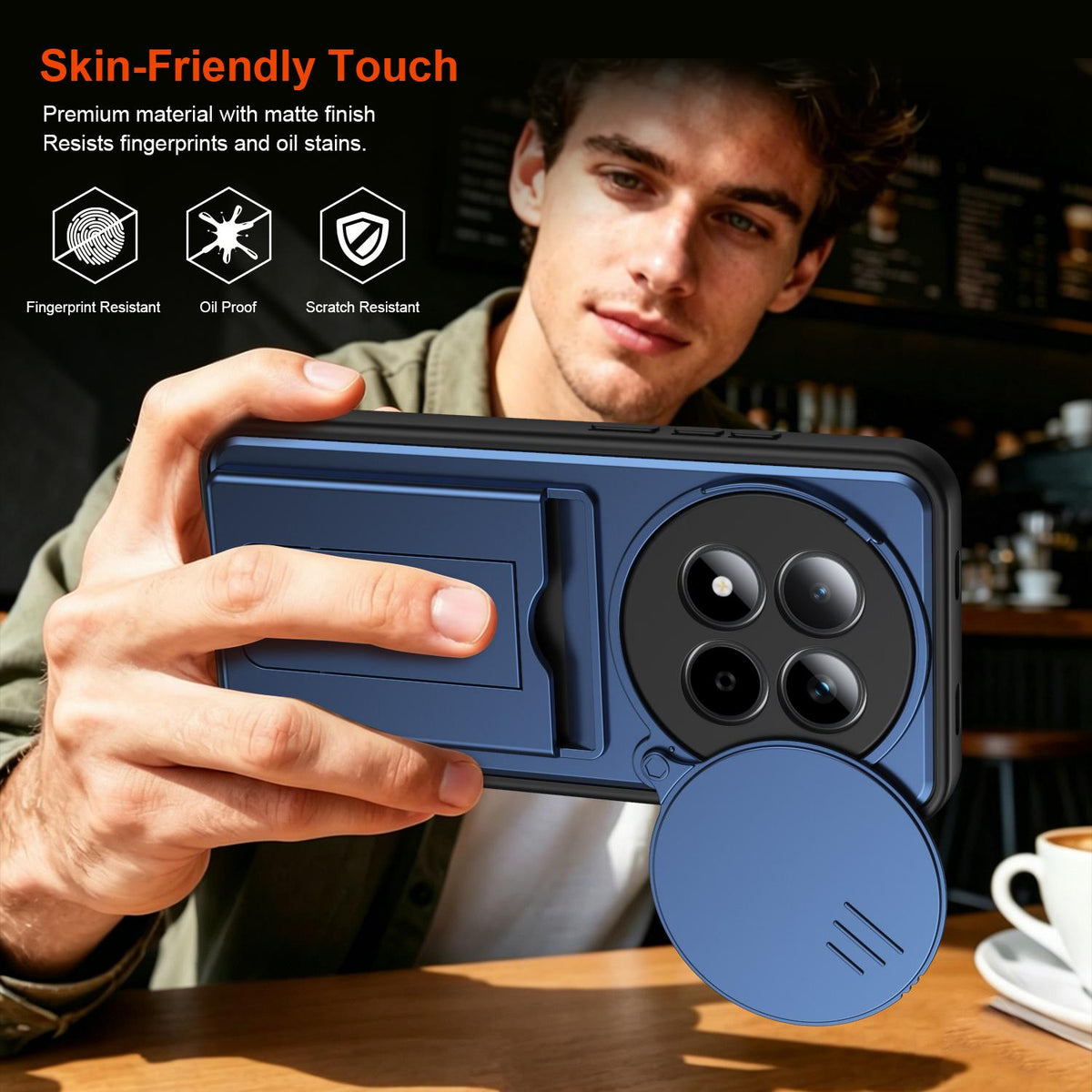 For Redmi Note 15 Pro+ 5G Global 163.3mm Card Holder Series Sliding Lens Cover PC Hybrid TPU Phone Case - Blue - EDA009708406B