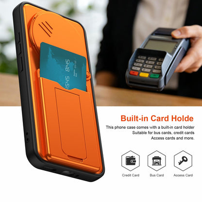 For Redmi Note 15 Pro+ 5G Global 163.3mm Card Holder Series Sliding Lens Cover PC Hybrid TPU Phone Case - Orange - EDA009708406C