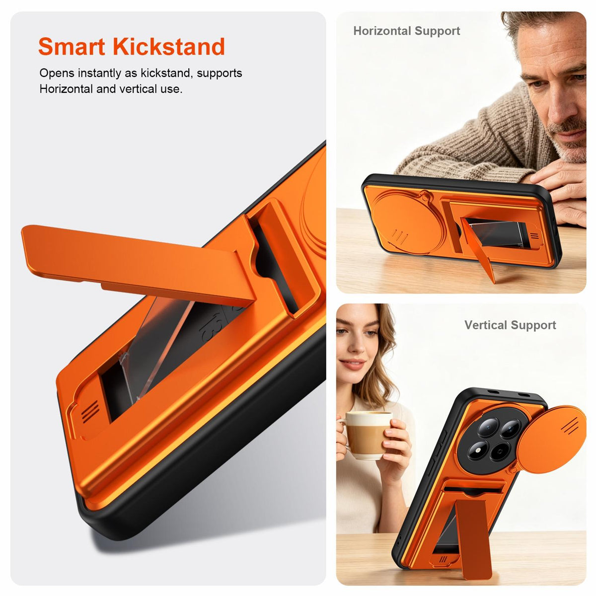 For Redmi Note 15 Pro+ 5G Global 163.3mm Card Holder Series Sliding Lens Cover PC Hybrid TPU Phone Case - Orange - EDA009708406C