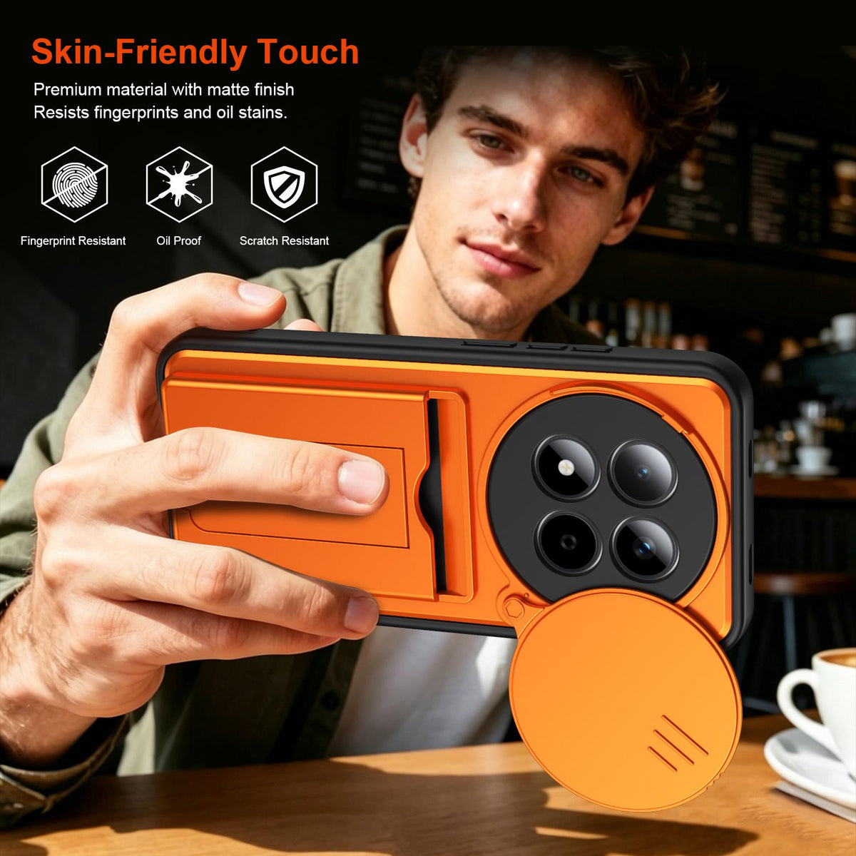 For Redmi Note 15 Pro+ 5G Global 163.3mm Card Holder Series Sliding Lens Cover PC Hybrid TPU Phone Case - Orange - EDA009708406C