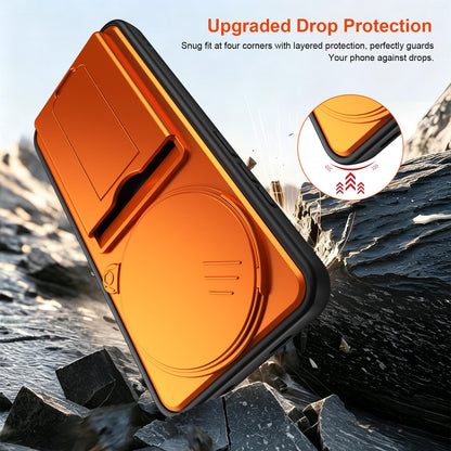 For Redmi Note 15 Pro+ 5G Global 163.3mm Card Holder Series Sliding Lens Cover PC Hybrid TPU Phone Case - Orange - EDA009708406C