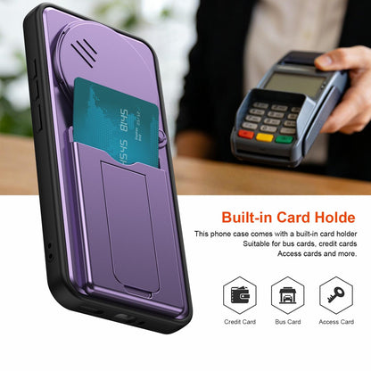 For Redmi Note 15 Pro+ 5G Global 163.3mm Card Holder Series Sliding Lens Cover PC Hybrid TPU Phone Case - Purple - EDA009708406E