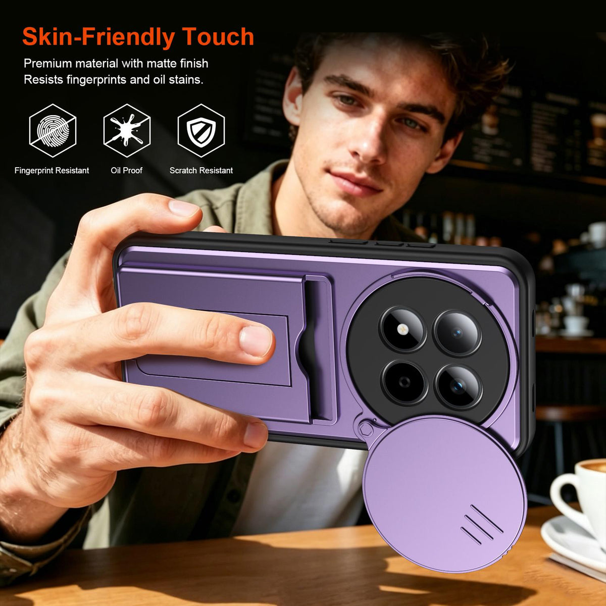 For Redmi Note 15 Pro+ 5G Global 163.3mm Card Holder Series Sliding Lens Cover PC Hybrid TPU Phone Case - Purple - EDA009708406E