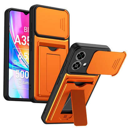 For ZTE Blade A35e 4G Card Holder Series Sliding Lens Cover PC Hybrid TPU Phone Case - Orange - EDA009708601C