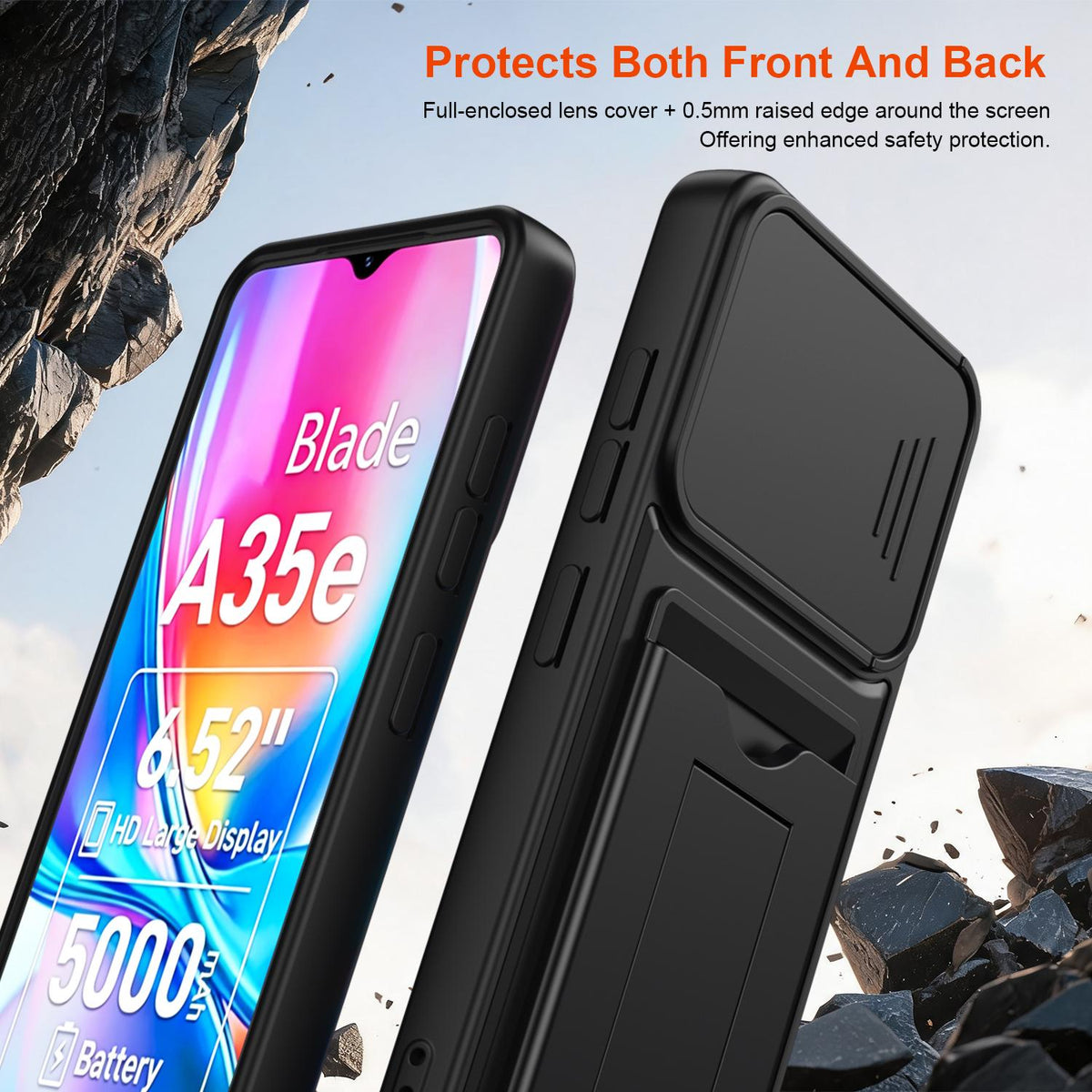 For ZTE Blade A35e 4G Card Holder Series Sliding Lens Cover PC Hybrid TPU Phone Case - Orange - EDA009708601C