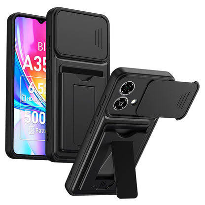 For ZTE Blade A35e 4G Card Holder Series Sliding Lens Cover PC Hybrid TPU Phone Case - Black - EDA009708601D