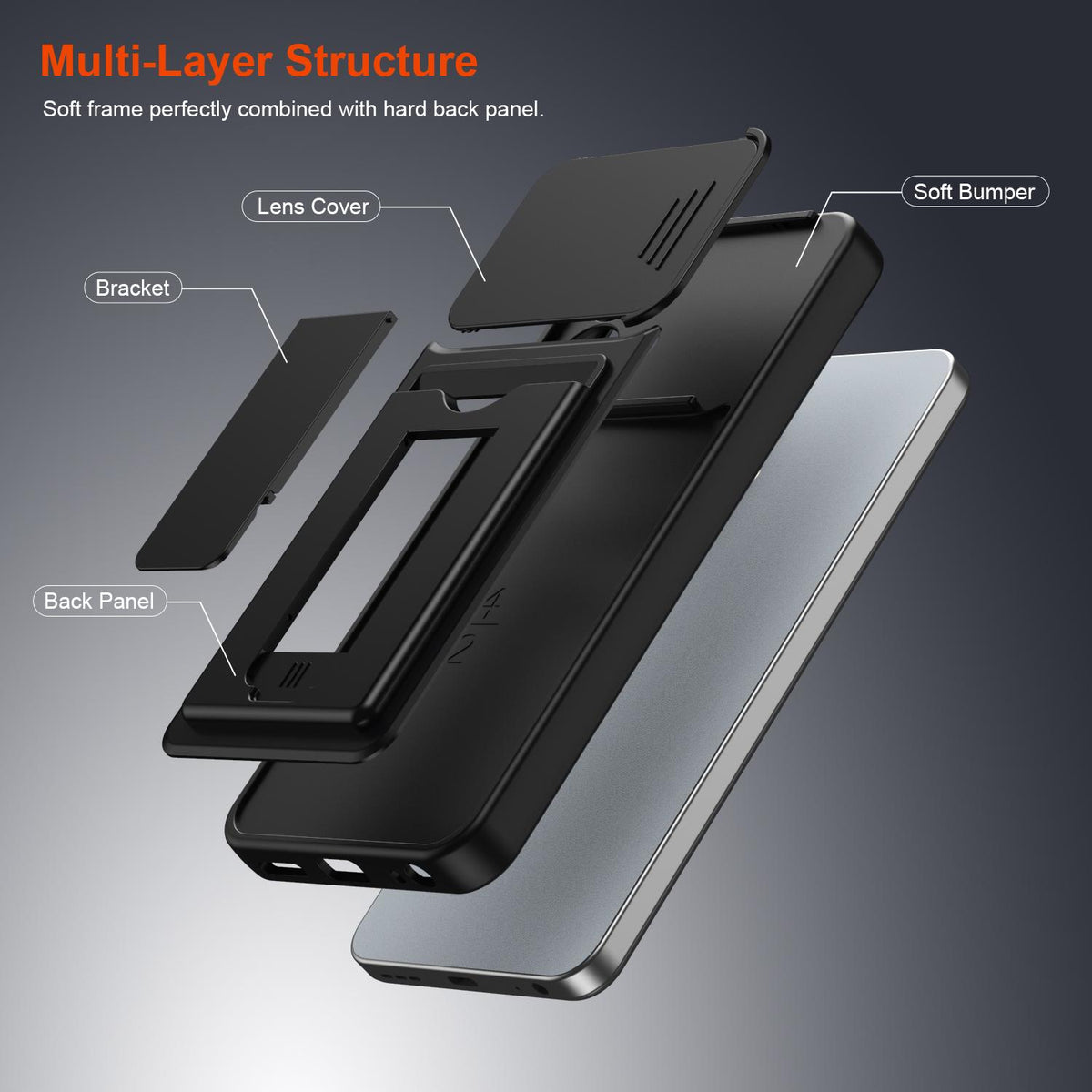 For ZTE Blade A35e 4G Card Holder Series Sliding Lens Cover PC Hybrid TPU Phone Case - Black - EDA009708601D