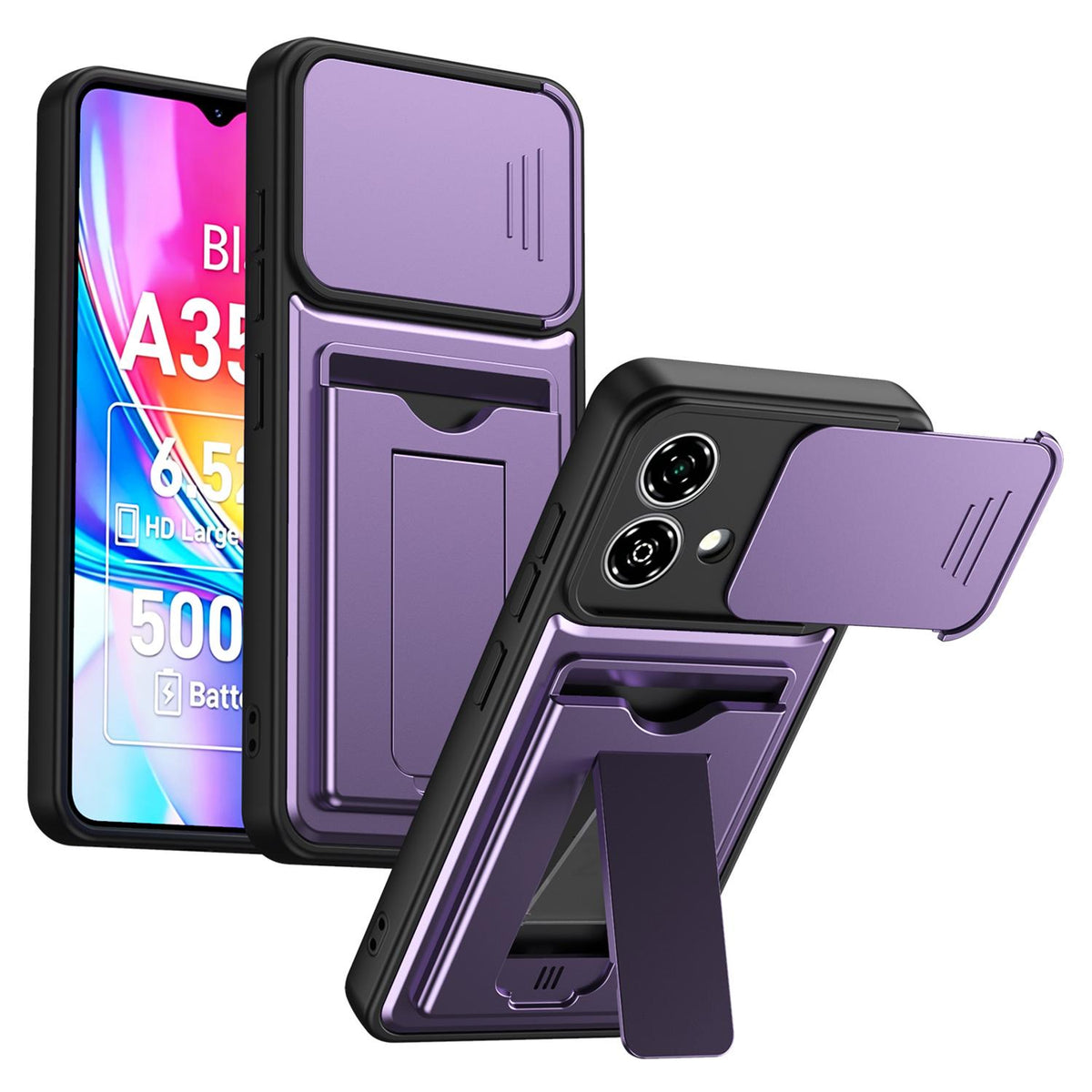 For ZTE Blade A35e 4G Card Holder Series Sliding Lens Cover PC Hybrid TPU Phone Case - Purple - EDA009708601E