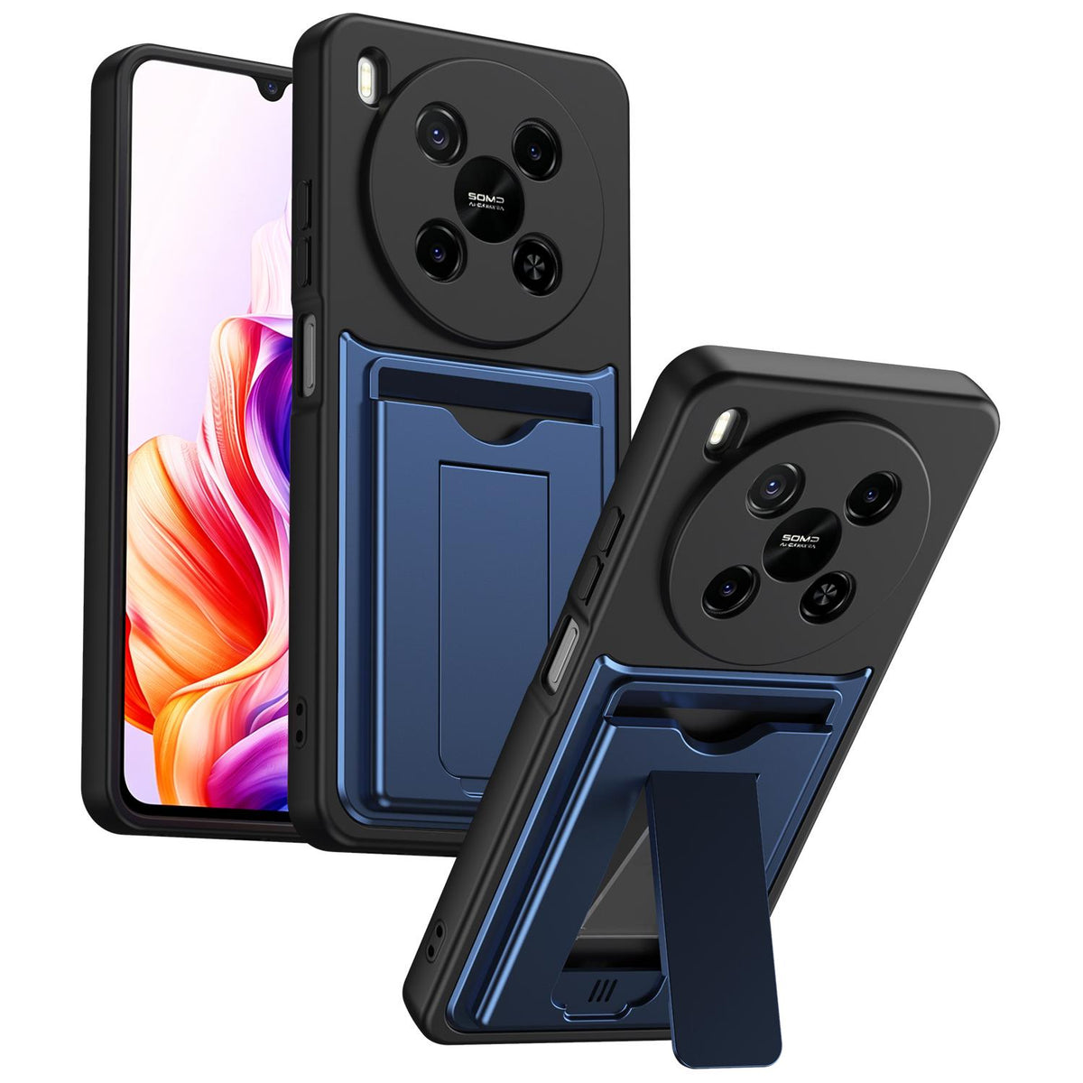 For ZTE Blade V70 Max Card Holder Series Sliding Lens Cover PC Hybrid TPU Phone Case - Blue - EDA009708604B
