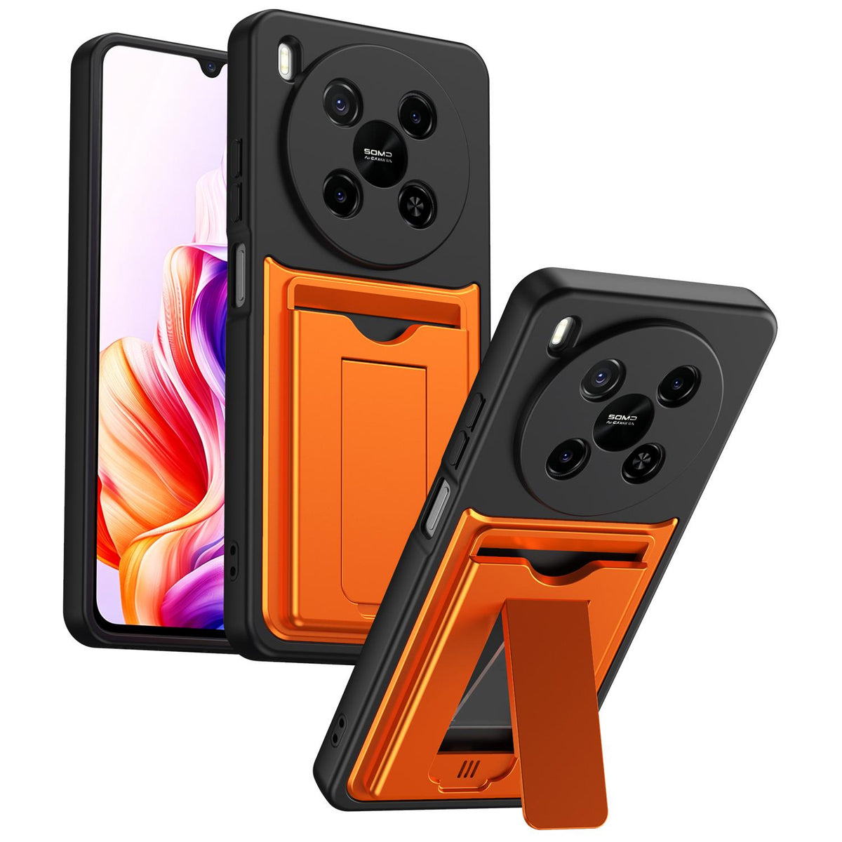 For ZTE Blade V70 Max Card Holder Series Sliding Lens Cover PC Hybrid TPU Phone Case - Orange - EDA009708604C