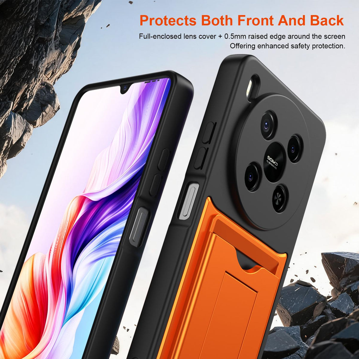 For ZTE Blade V70 Max Card Holder Series Sliding Lens Cover PC Hybrid TPU Phone Case - Orange - EDA009708604C