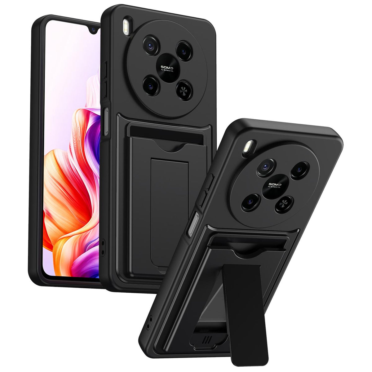 For ZTE Blade V70 Max Card Holder Series Sliding Lens Cover PC Hybrid TPU Phone Case - Black - EDA009708604D