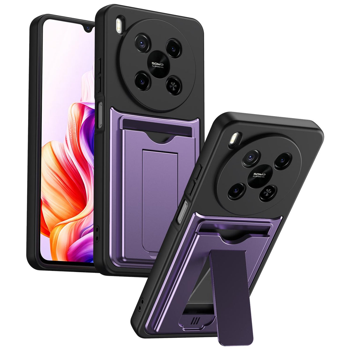 For ZTE Blade V70 Max Card Holder Series Sliding Lens Cover PC Hybrid TPU Phone Case - Purple - EDA009708604E