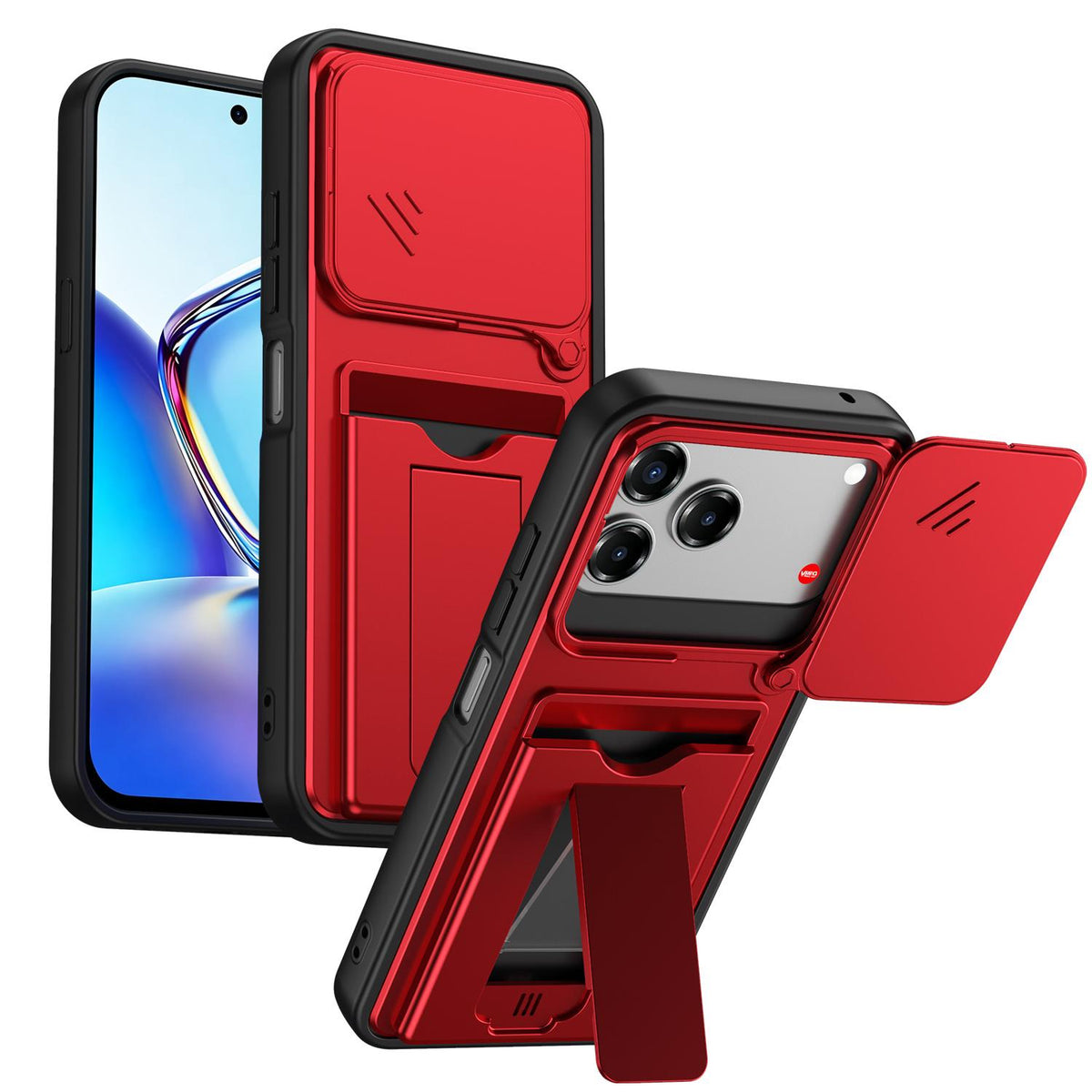 For ZTE Blade V80 / V80 Pro / V80 Design Card Holder Series Sliding Lens Cover PC Hybrid TPU Phone Case - Red - EDA009708605A