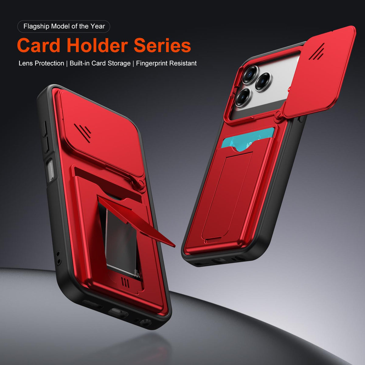 For ZTE Blade V80 / V80 Pro / V80 Design Card Holder Series Sliding Lens Cover PC Hybrid TPU Phone Case - Red - EDA009708605A