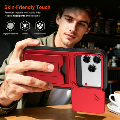 For ZTE Blade V80 / V80 Pro / V80 Design Card Holder Series Sliding Lens Cover PC Hybrid TPU Phone Case - Red - EDA009708605A