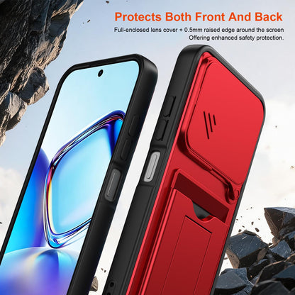 For ZTE Blade V80 / V80 Pro / V80 Design Card Holder Series Sliding Lens Cover PC Hybrid TPU Phone Case - Red - EDA009708605A