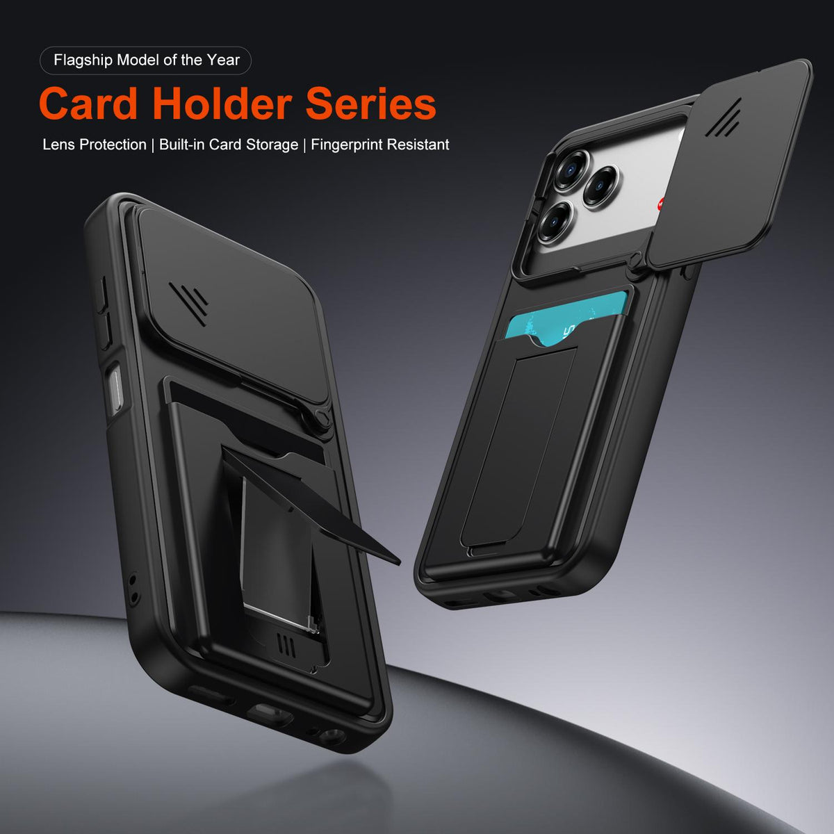 For ZTE Blade V80 / V80 Pro / V80 Design Card Holder Series Sliding Lens Cover PC Hybrid TPU Phone Case - Blue - EDA009708605B