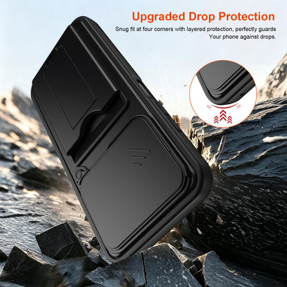 For ZTE Blade V80 / V80 Pro / V80 Design Card Holder Series Sliding Lens Cover PC Hybrid TPU Phone Case - Blue - EDA009708605B
