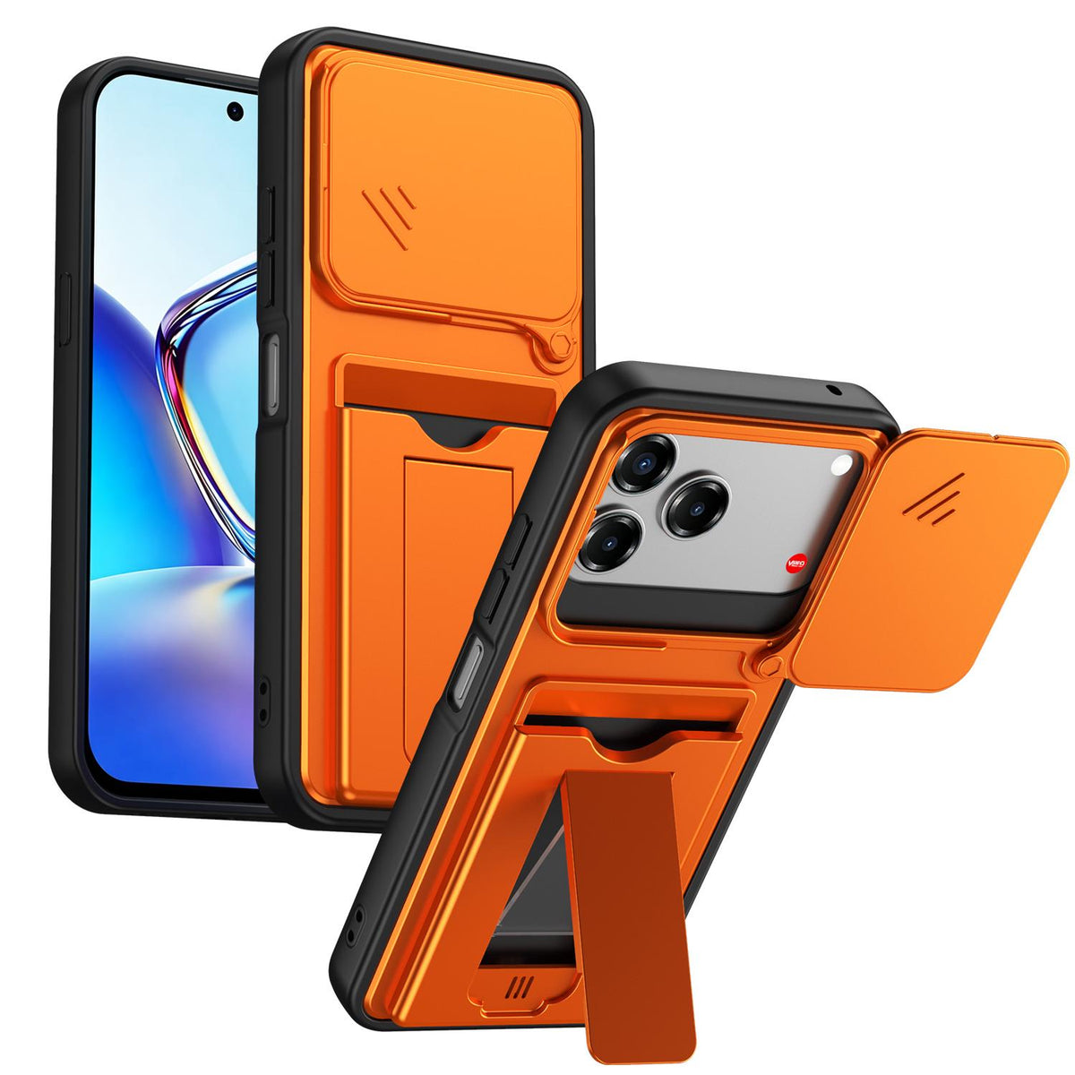 For ZTE Blade V80 / V80 Pro / V80 Design Card Holder Series Sliding Lens Cover PC Hybrid TPU Phone Case - Orange - EDA009708605C