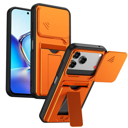 For ZTE Blade V80 / V80 Pro / V80 Design Card Holder Series Sliding Lens Cover PC Hybrid TPU Phone Case - Orange - EDA009708605C