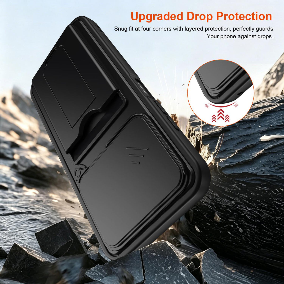 For ZTE Blade V80 / V80 Pro / V80 Design Card Holder Series Sliding Lens Cover PC Hybrid TPU Phone Case - Orange - EDA009708605C