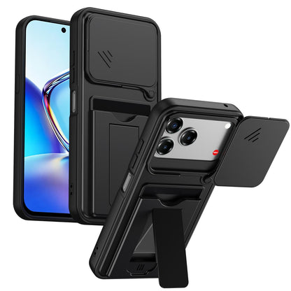 For ZTE Blade V80 / V80 Pro / V80 Design Card Holder Series Sliding Lens Cover PC Hybrid TPU Phone Case - Black - EDA009708605D