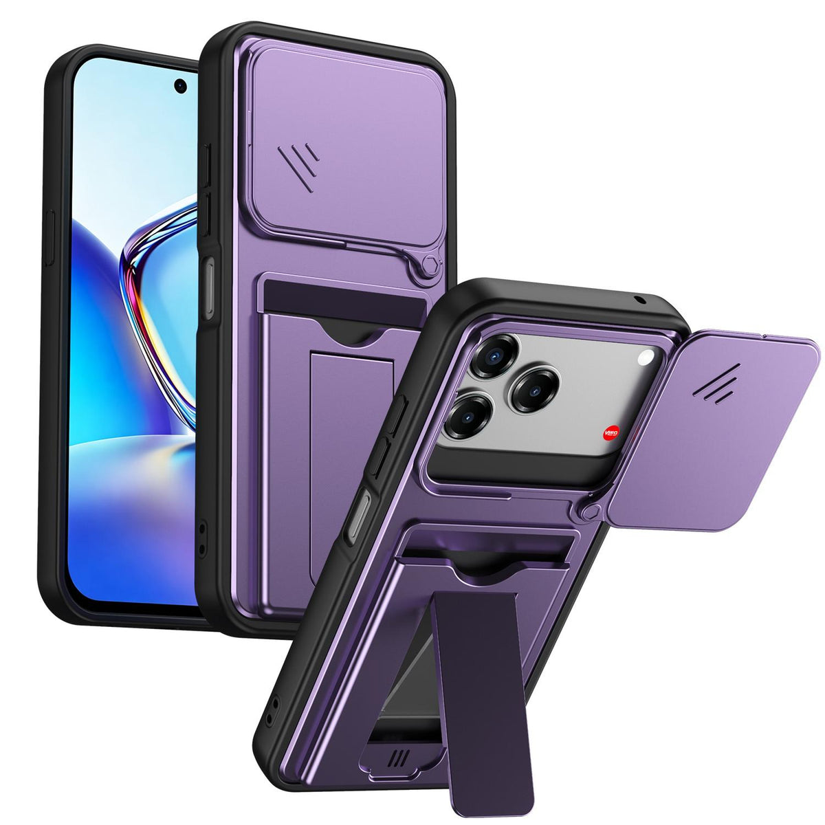 For ZTE Blade V80 / V80 Pro / V80 Design Card Holder Series Sliding Lens Cover PC Hybrid TPU Phone Case - Purple - EDA009708605E