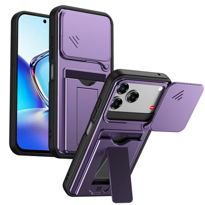 For ZTE Blade V80 / V80 Pro / V80 Design Card Holder Series Sliding Lens Cover PC Hybrid TPU Phone Case - Purple - EDA009708605E