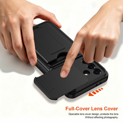 For ZTE Blade V80 Max Card Holder Series Sliding Lens Cover PC Hybrid TPU Phone Case - Black - EDA009708606D