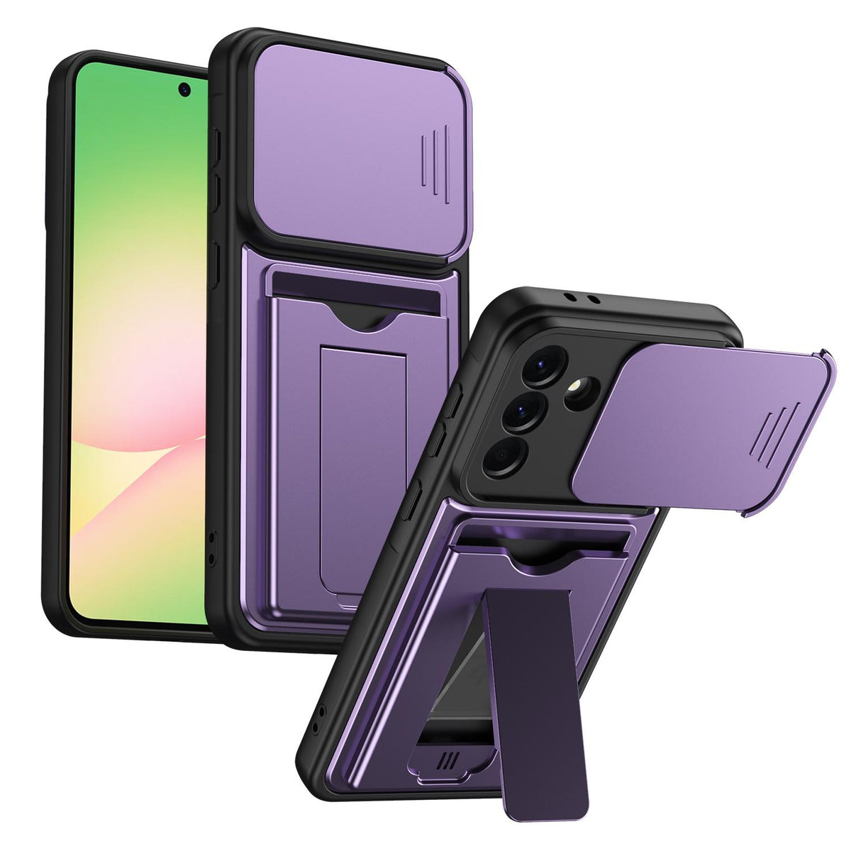 For ZTE Blade V80 Max Card Holder Series Sliding Lens Cover PC Hybrid TPU Phone Case - Purple - EDA009708606E