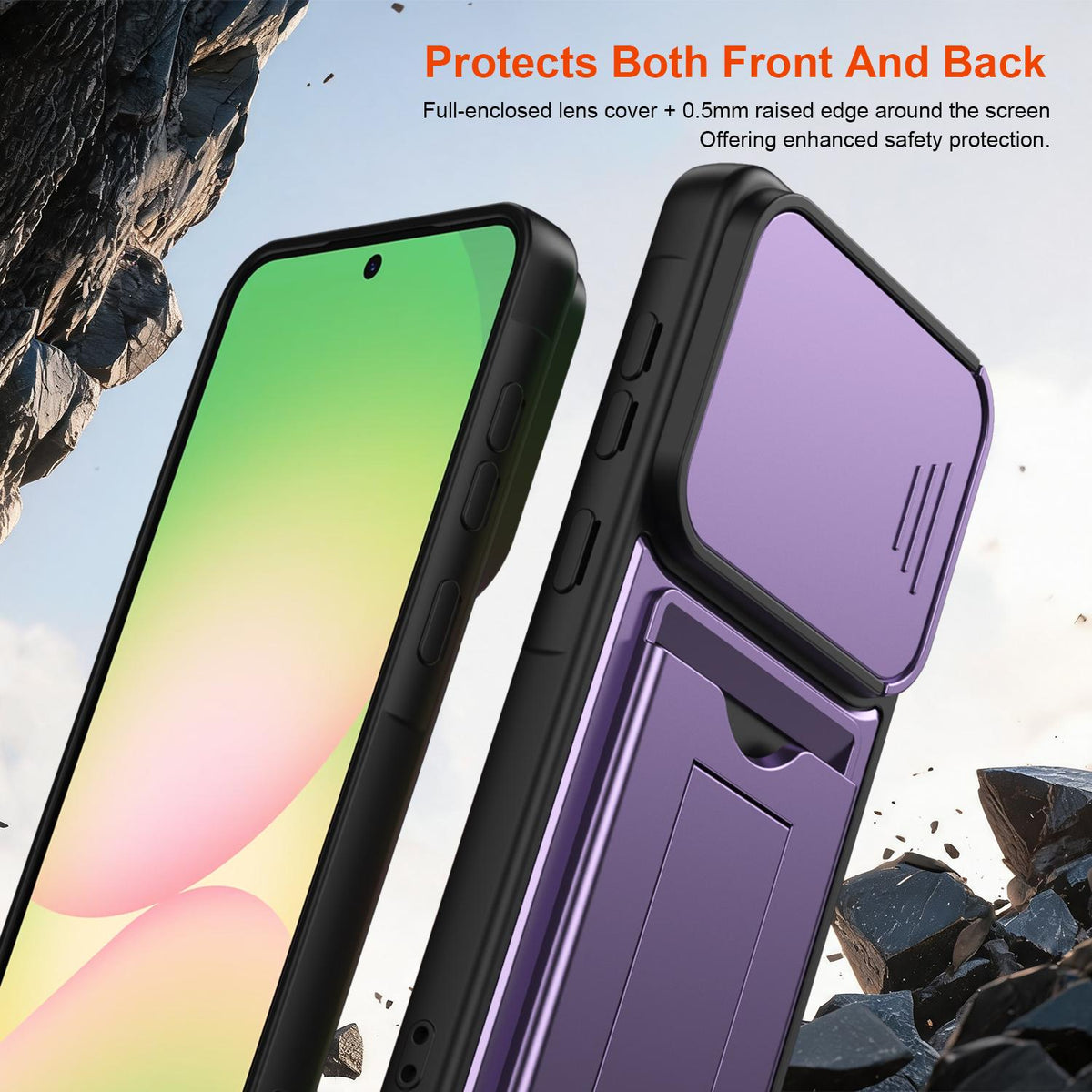For ZTE Blade V80 Max Card Holder Series Sliding Lens Cover PC Hybrid TPU Phone Case - Purple - EDA009708606E