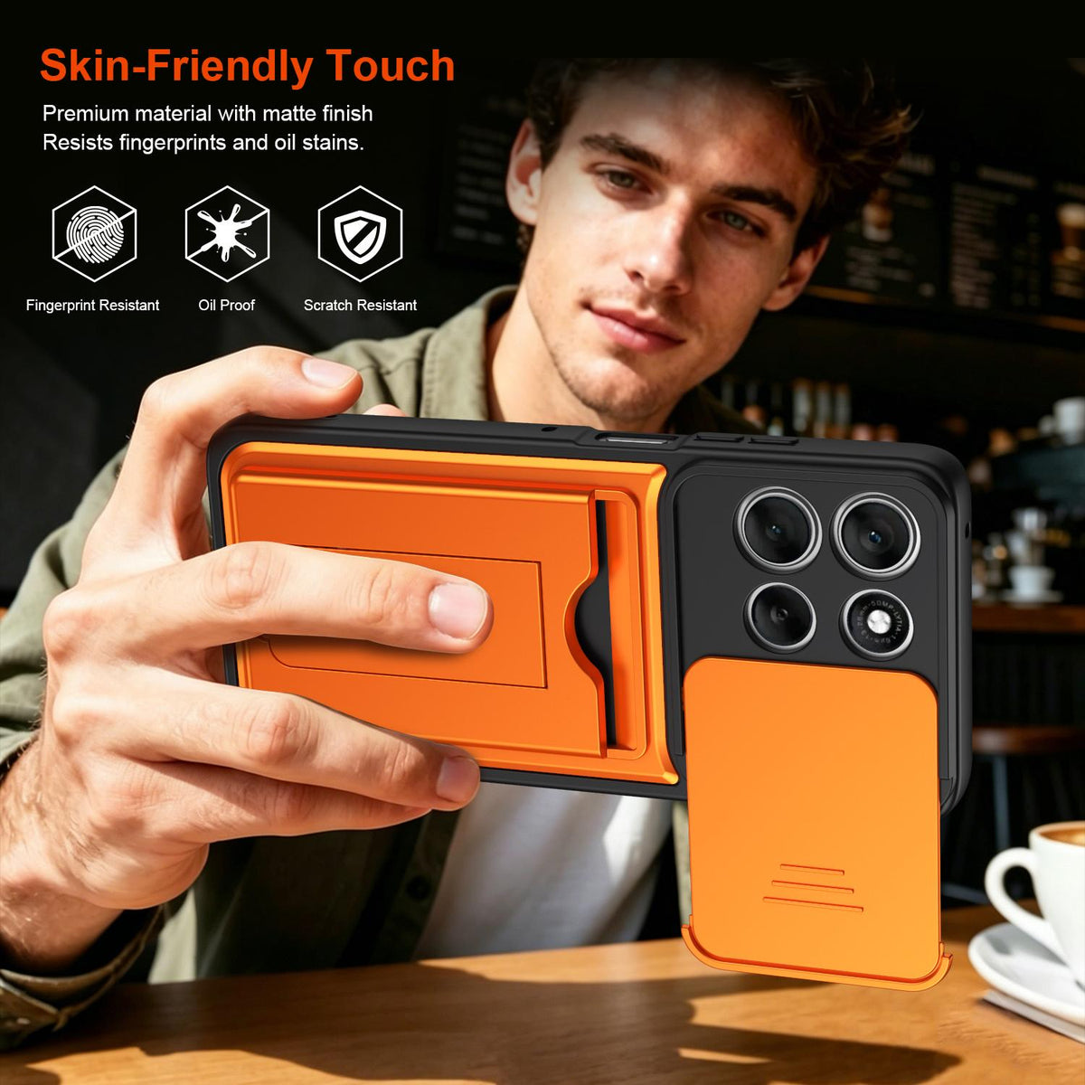 For Motorola Edge 70 5G / Moto X70 Air 5G Card Holder Series Sliding Lens Cover PC Hybrid TPU Phone Case - Orange - EDA009708703C