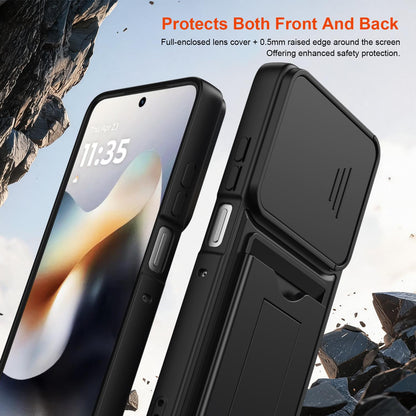 For Motorola Edge 70 5G / Moto X70 Air 5G Card Holder Series Sliding Lens Cover PC Hybrid TPU Phone Case - Black - EDA009708703D