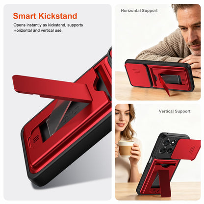 For Motorola Moto G57 Power 5G / G67 Power 5G Card Holder Series Sliding Lens Cover PC Hybrid TPU Phone Case - Red - EDA009708706A
