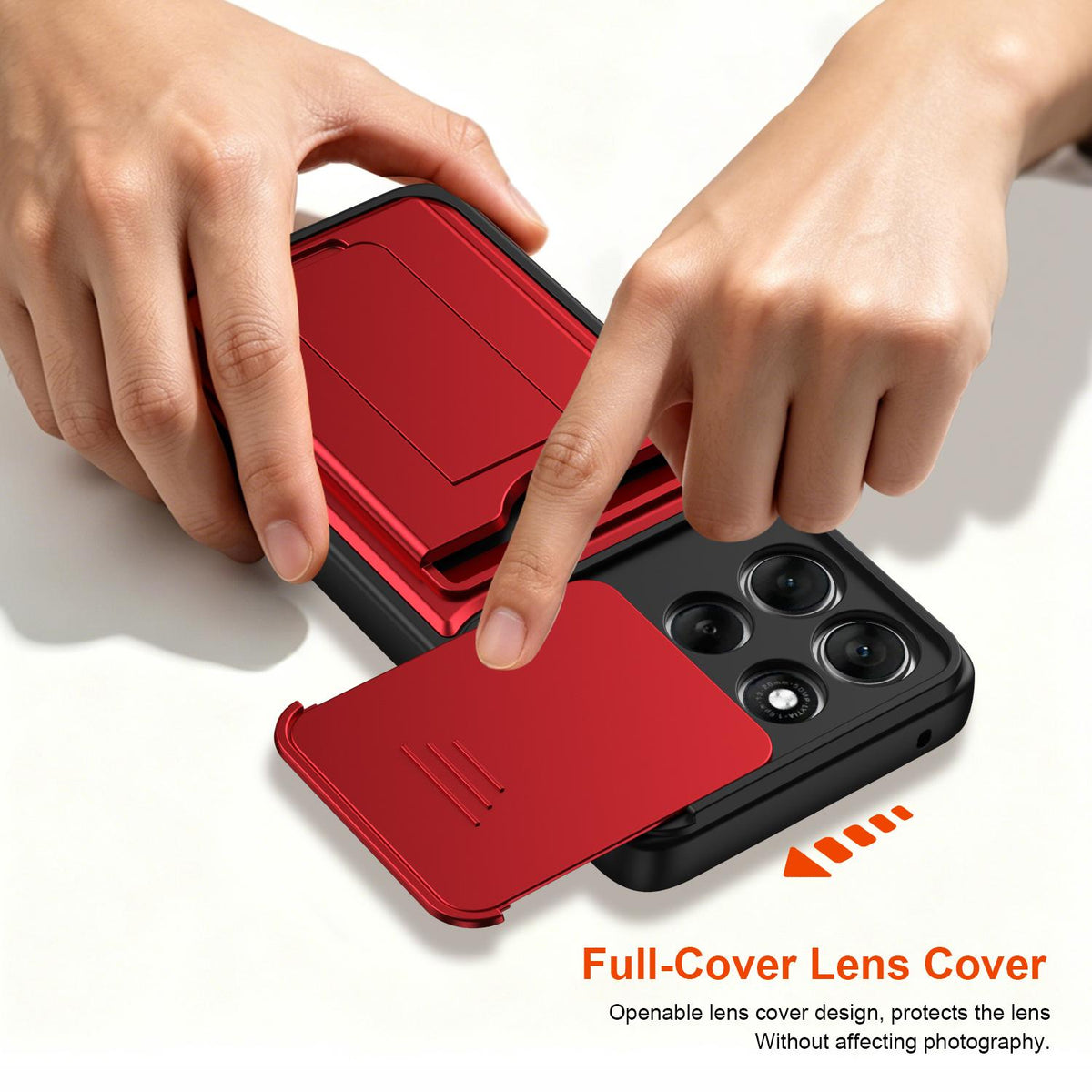 For Motorola Moto G57 Power 5G / G67 Power 5G Card Holder Series Sliding Lens Cover PC Hybrid TPU Phone Case - Red - EDA009708706A