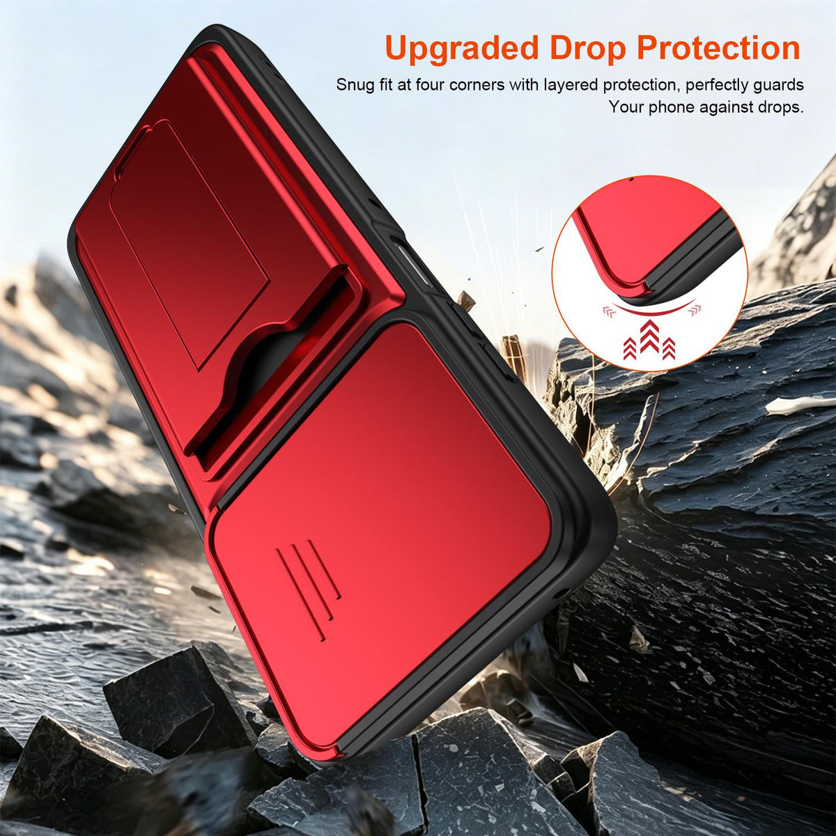 For Motorola Moto G57 Power 5G / G67 Power 5G Card Holder Series Sliding Lens Cover PC Hybrid TPU Phone Case - Red - EDA009708706A