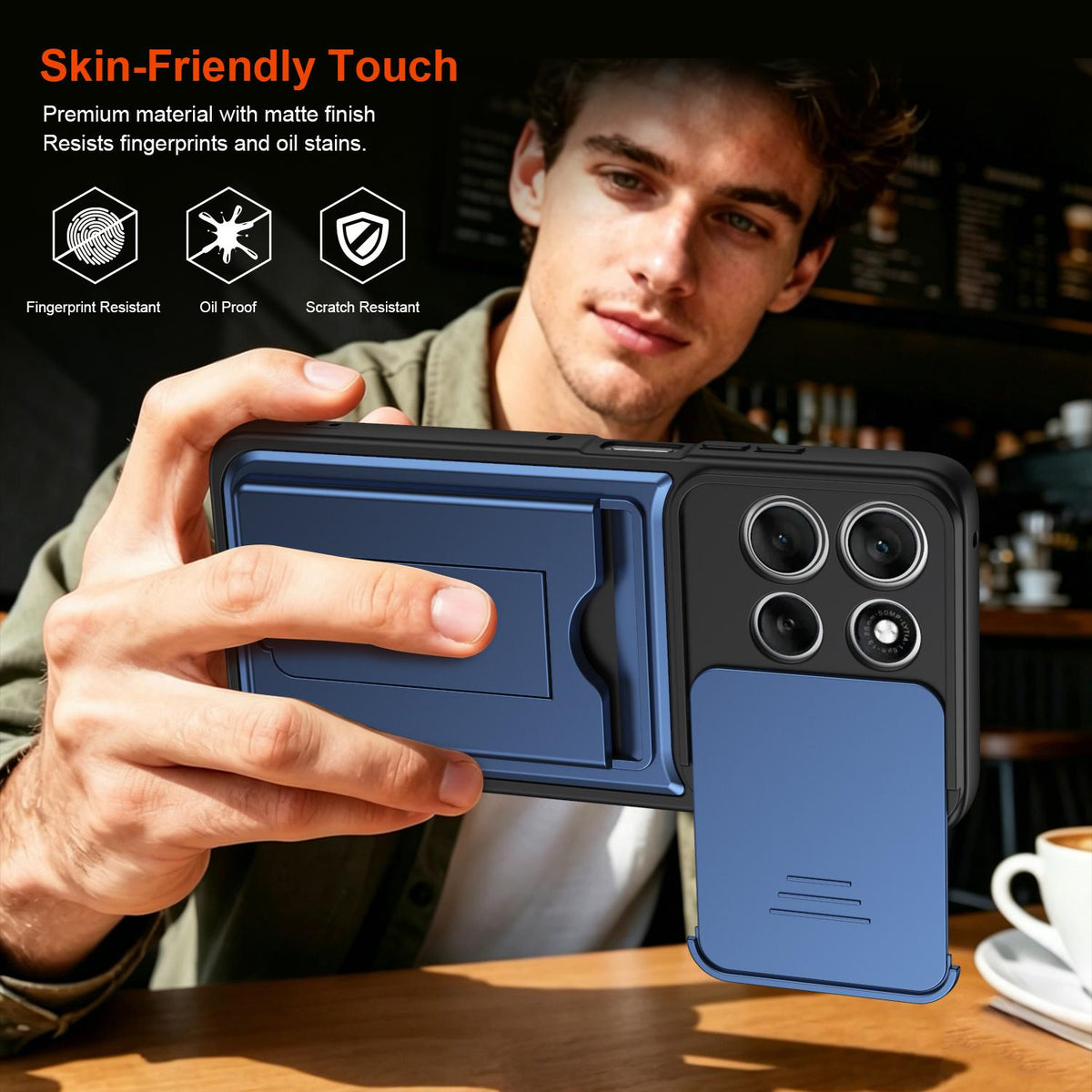 For Motorola Moto G57 Power 5G / G67 Power 5G Card Holder Series Sliding Lens Cover PC Hybrid TPU Phone Case - Blue - EDA009708706B