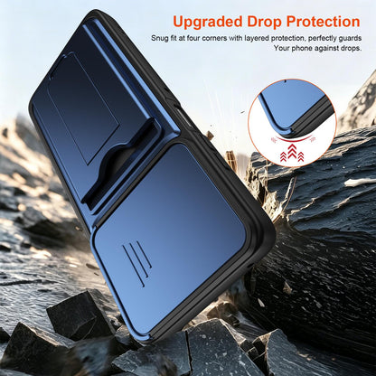For Motorola Moto G57 Power 5G / G67 Power 5G Card Holder Series Sliding Lens Cover PC Hybrid TPU Phone Case - Blue - EDA009708706B