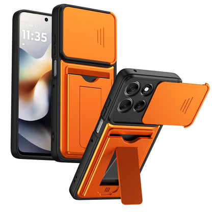 For Motorola Moto G57 Power 5G / G67 Power 5G Card Holder Series Sliding Lens Cover PC Hybrid TPU Phone Case - Orange - EDA009708706C