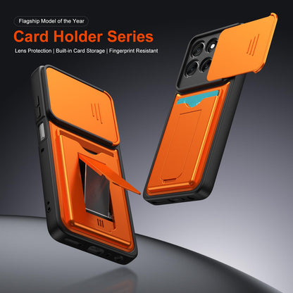 For Motorola Moto G57 Power 5G / G67 Power 5G Card Holder Series Sliding Lens Cover PC Hybrid TPU Phone Case - Orange - EDA009708706C