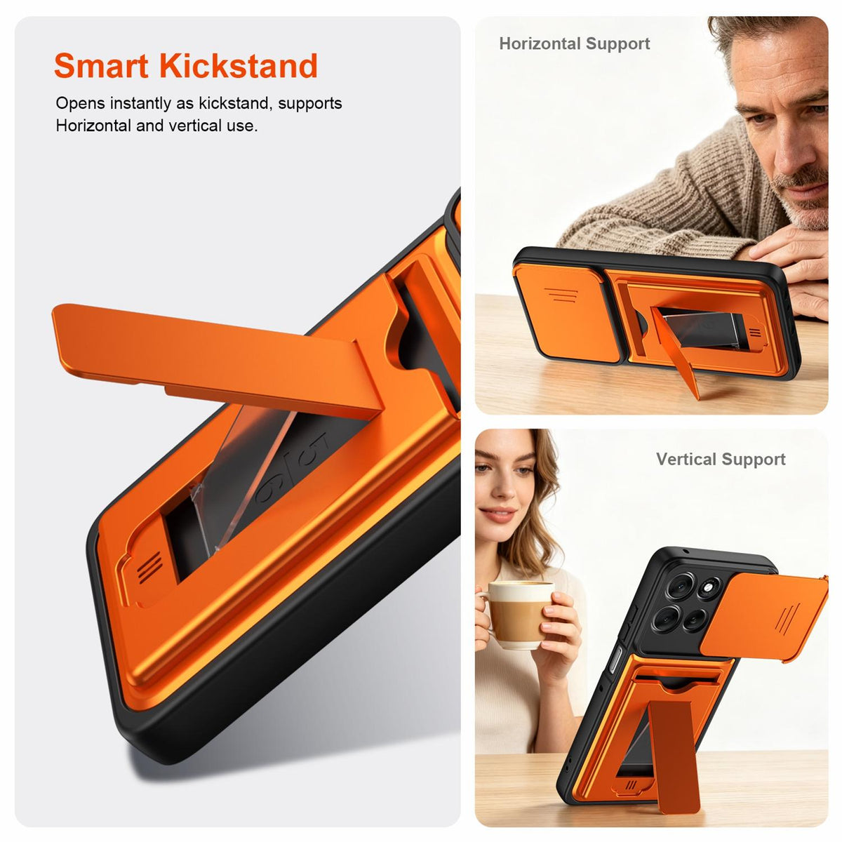 For Motorola Moto G57 Power 5G / G67 Power 5G Card Holder Series Sliding Lens Cover PC Hybrid TPU Phone Case - Orange - EDA009708706C