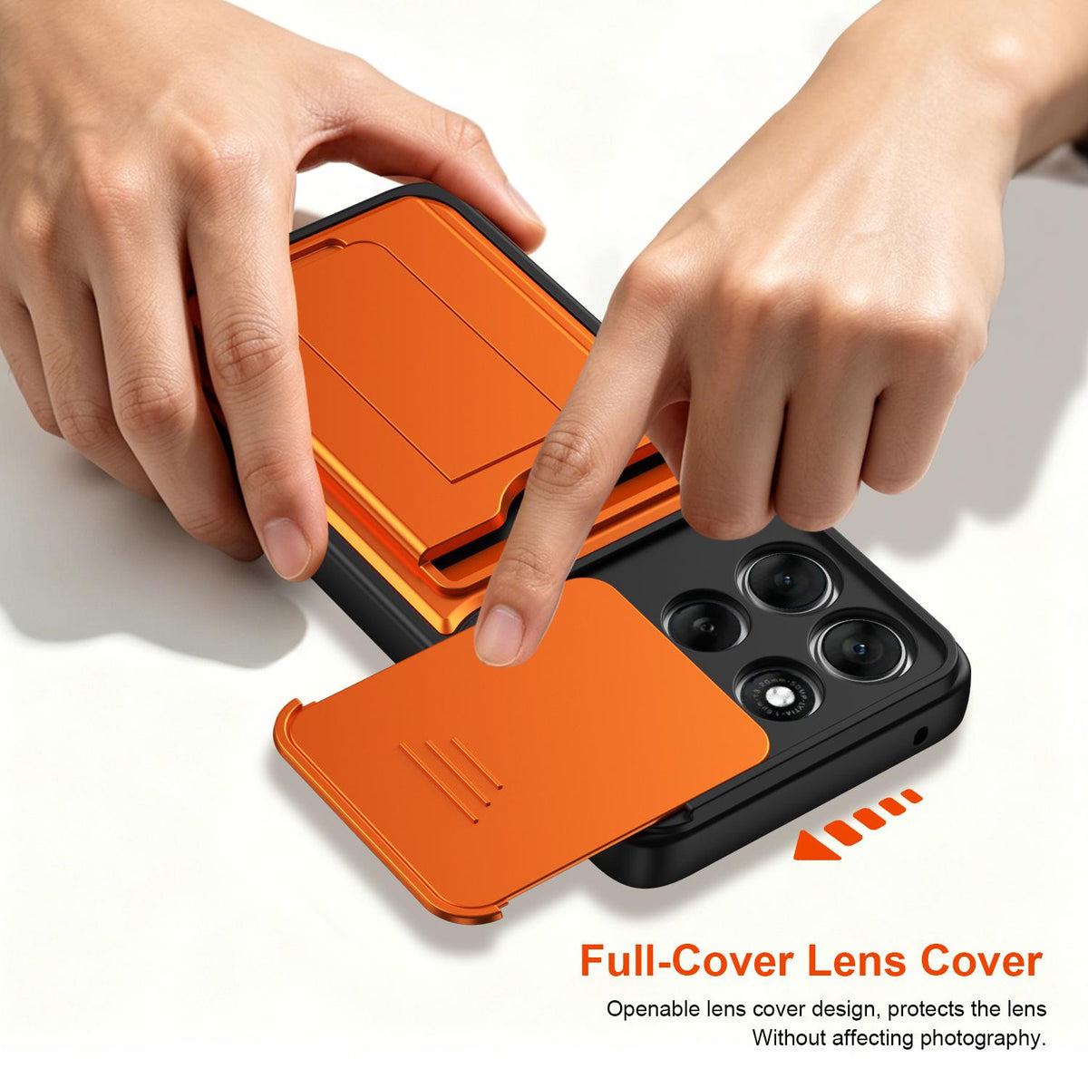 For Motorola Moto G57 Power 5G / G67 Power 5G Card Holder Series Sliding Lens Cover PC Hybrid TPU Phone Case - Orange - EDA009708706C