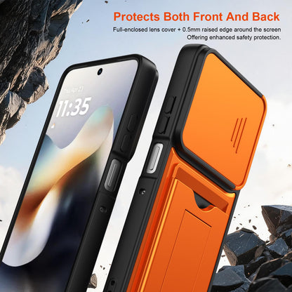 For Motorola Moto G57 Power 5G / G67 Power 5G Card Holder Series Sliding Lens Cover PC Hybrid TPU Phone Case - Orange - EDA009708706C