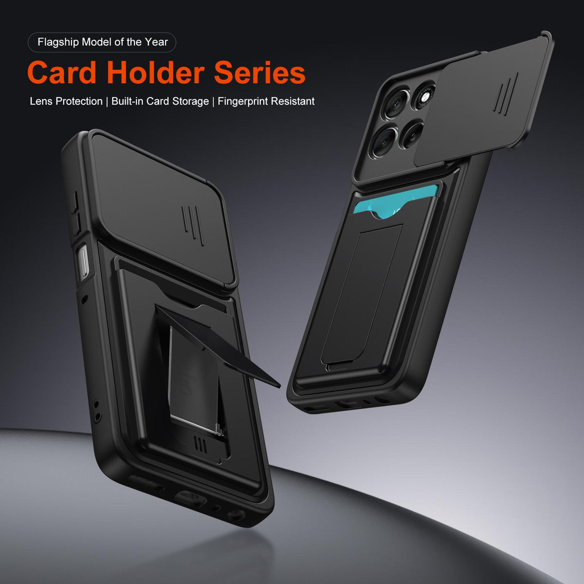 For Motorola Moto G57 Power 5G / G67 Power 5G Card Holder Series Sliding Lens Cover PC Hybrid TPU Phone Case - Black - EDA009708706D