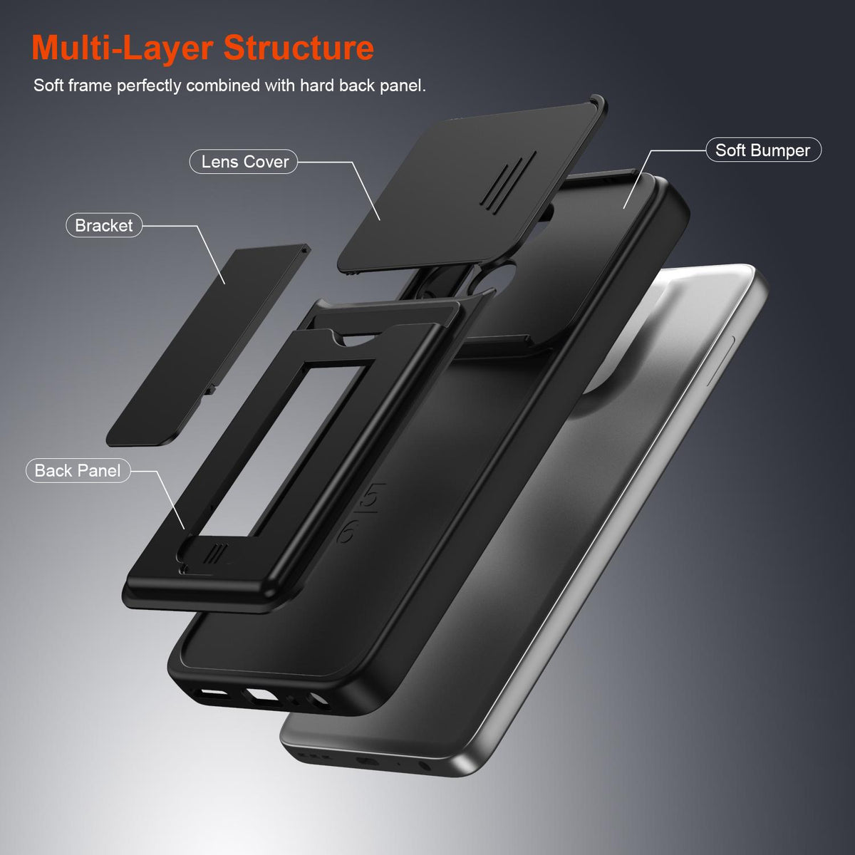 For Motorola Moto G57 Power 5G / G67 Power 5G Card Holder Series Sliding Lens Cover PC Hybrid TPU Phone Case - Black - EDA009708706D