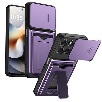 For Motorola Moto G57 Power 5G / G67 Power 5G Card Holder Series Sliding Lens Cover PC Hybrid TPU Phone Case - Purple - EDA009708706E